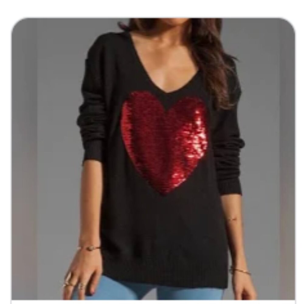 Wildflox v-neck sweater with red sequin heart, size S